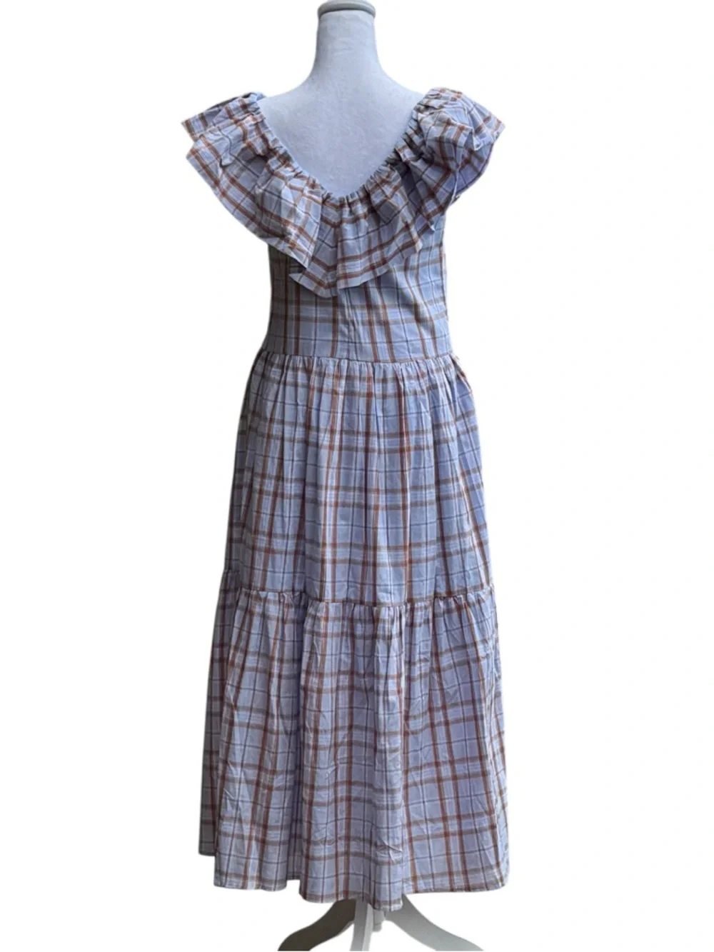 NWT English Factory Plaid Ruffle Midi Dress in Light Blue and Tan size Small - Picture 4 of 14